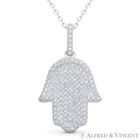 Hamsa Hand of Fatima Evil Eye Luck Charm Pendant Chain Necklace Sterling Silver - Picture 1 of 1